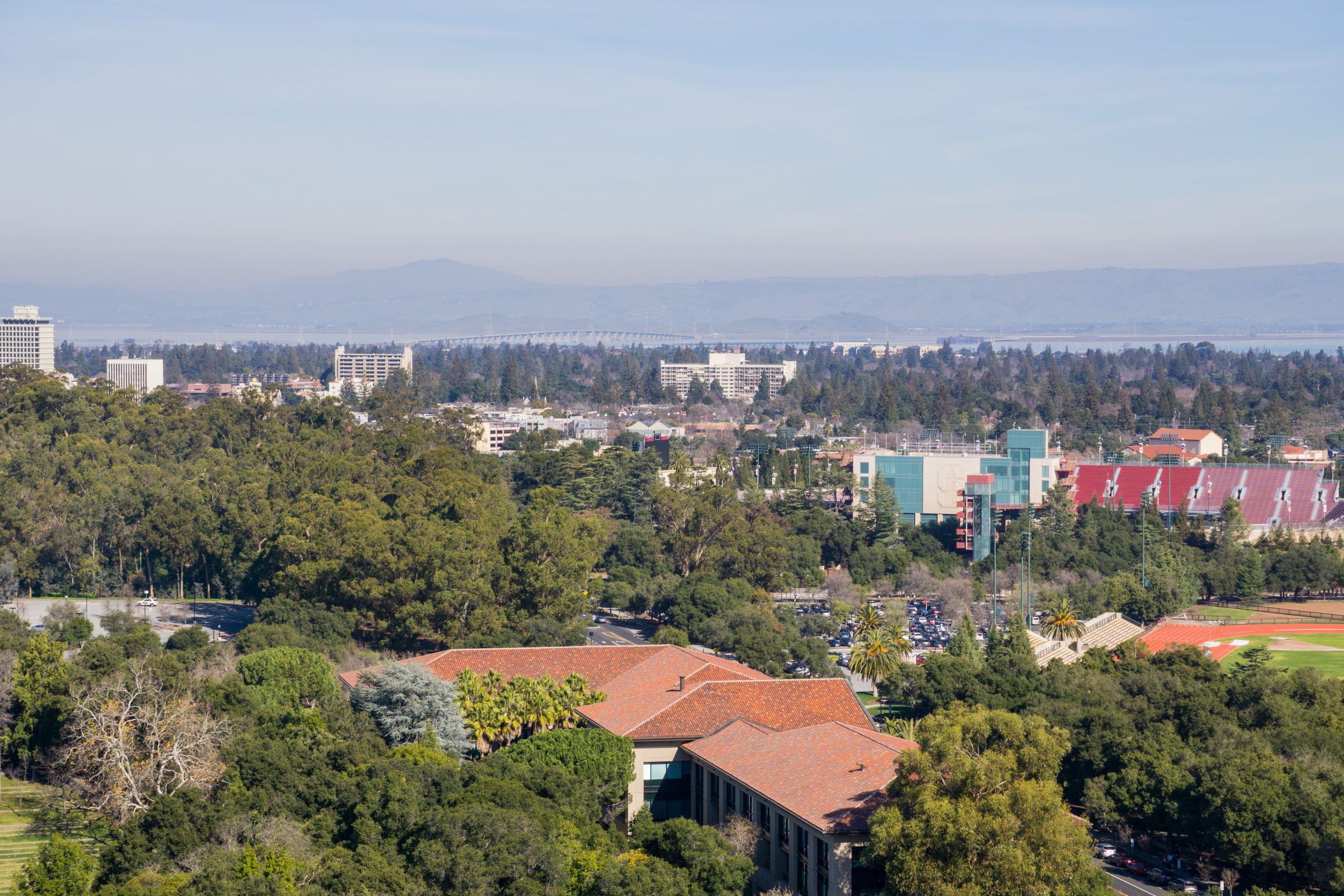 View towards Stanford, Palo Ato and Menlo Park, Dumbarton bridge and San Francisco bay